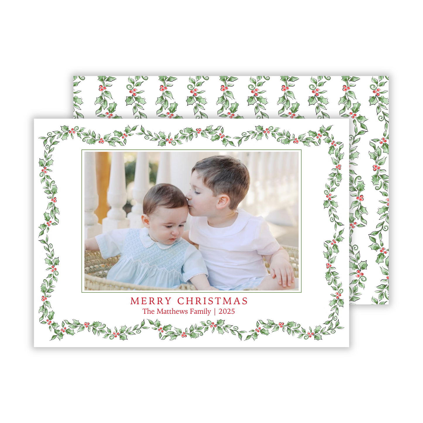 personalized christmas card with watercolor holly and berry border, ShooFly Paper Co. Auburn, Alabama