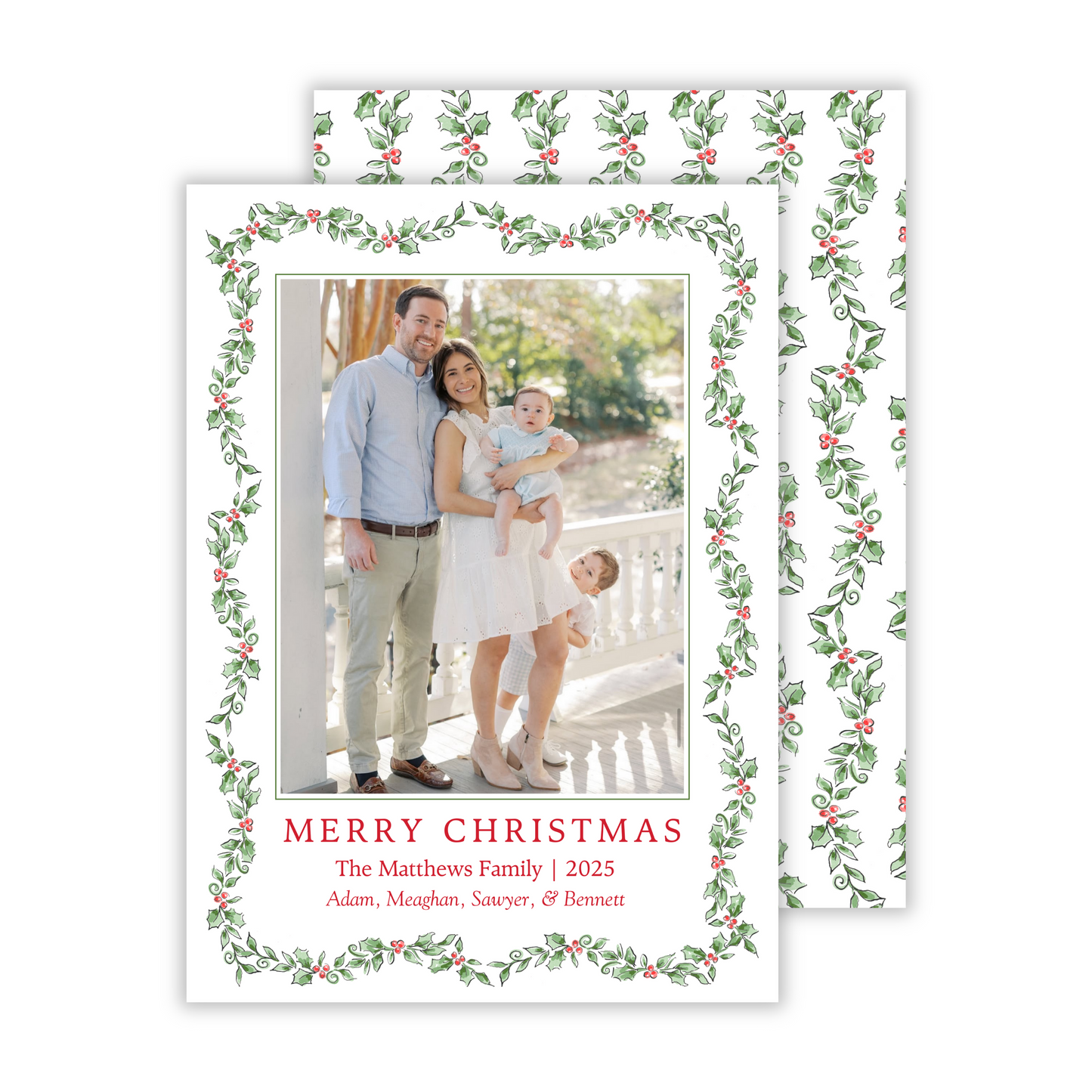 personalized christmas card with watercolor holly and berry border, ShooFly Paper Co. Auburn, Alabama