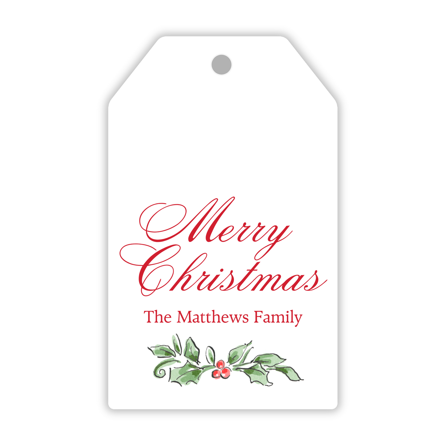 personalized hanging gift tag with watercolor holly and script name, ShooFly Paper Co. Auburn, Alabama
