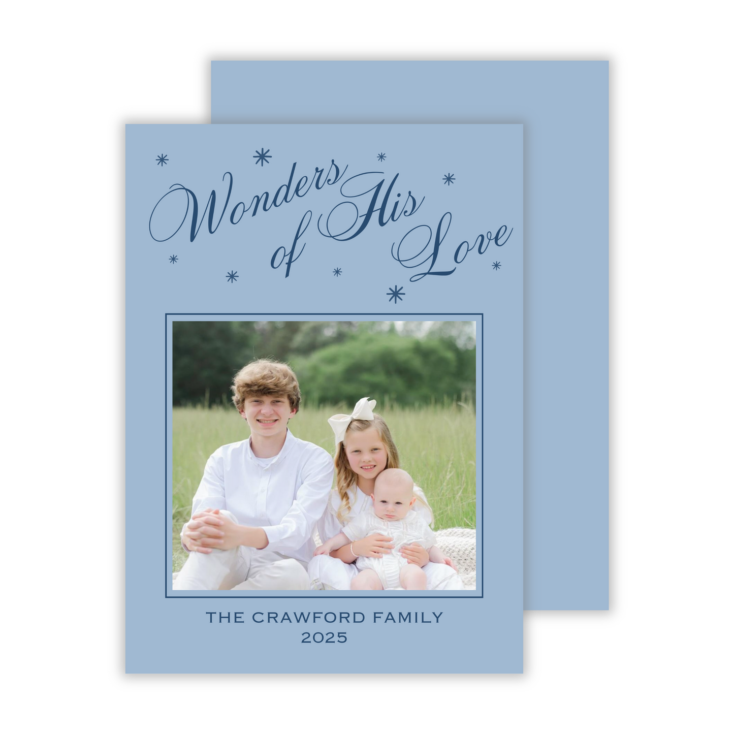 elegant christmas card with scrip wonders of his love in shades of blue, ShooFly Paper Co. Auburn, Alabama