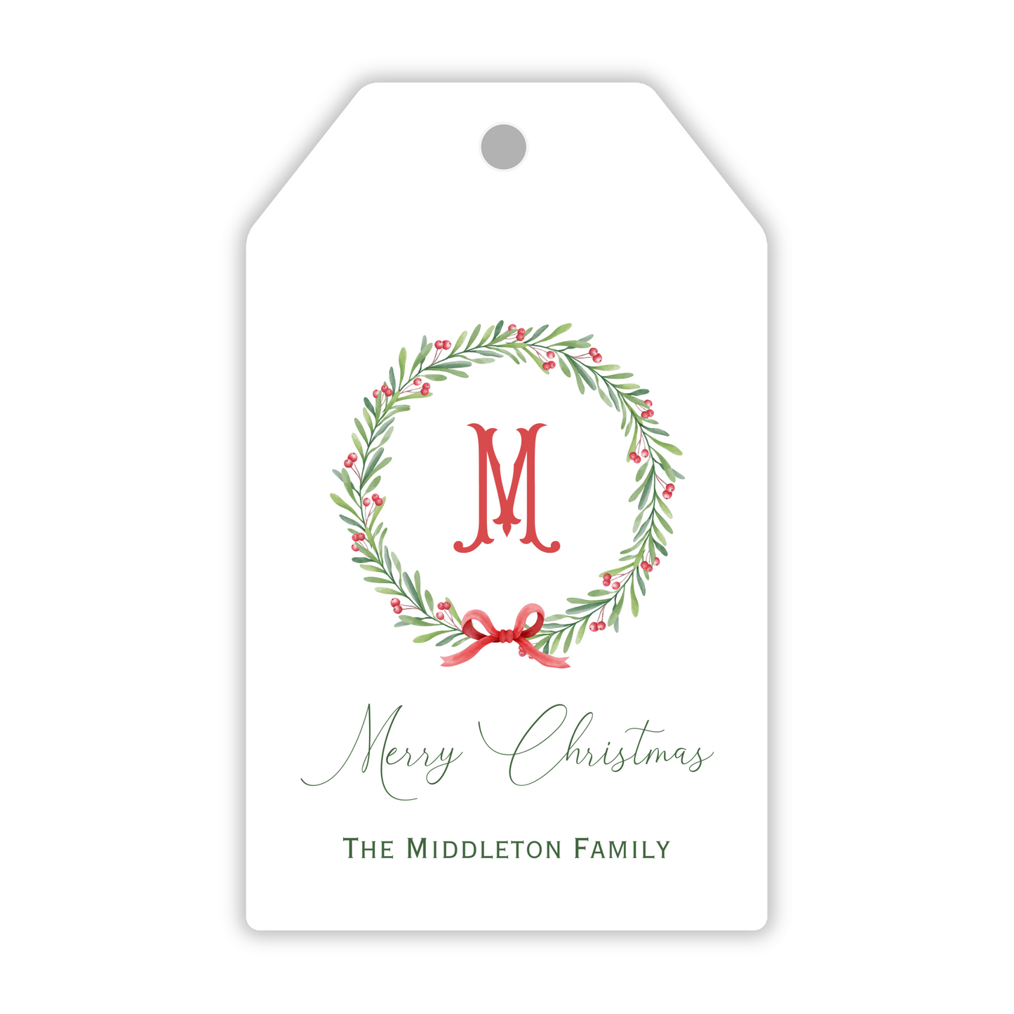 personalized christmas gift tag with simple dainty wreath with bow and initial, ShooFly Paper Co. Auburn, Alabama