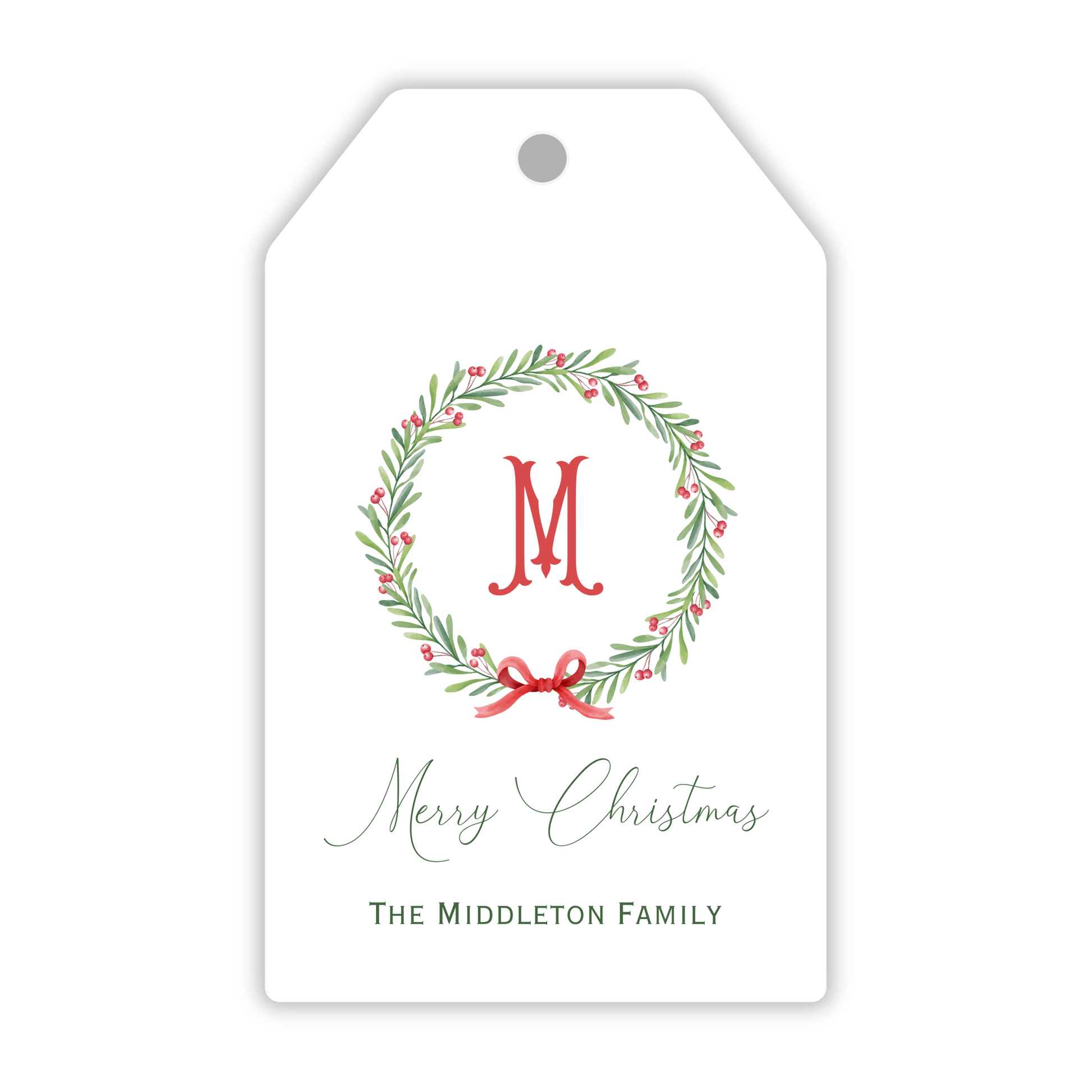 personalized christmas gift tag with simple dainty wreath with bow and initial, ShooFly Paper Co. Auburn, Alabama