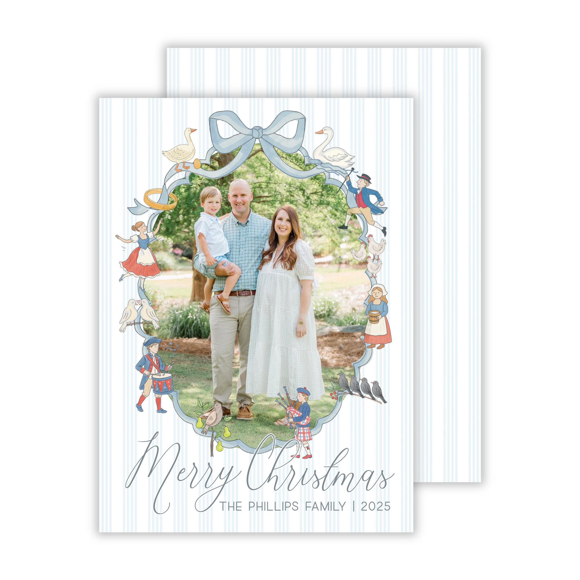fun christmas card with 12 days of christmas icons and gentle stripe background, ShooFly Paper Co. Auburn, Alabama