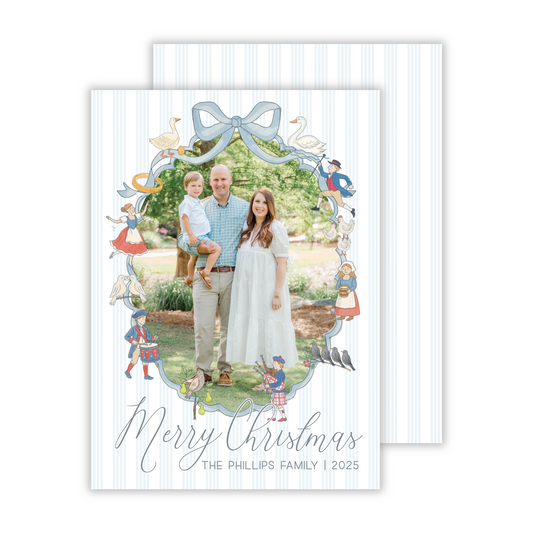 fun christmas card with 12 days of christmas icons and gentle stripe background, ShooFly Paper Co. Auburn, Alabama