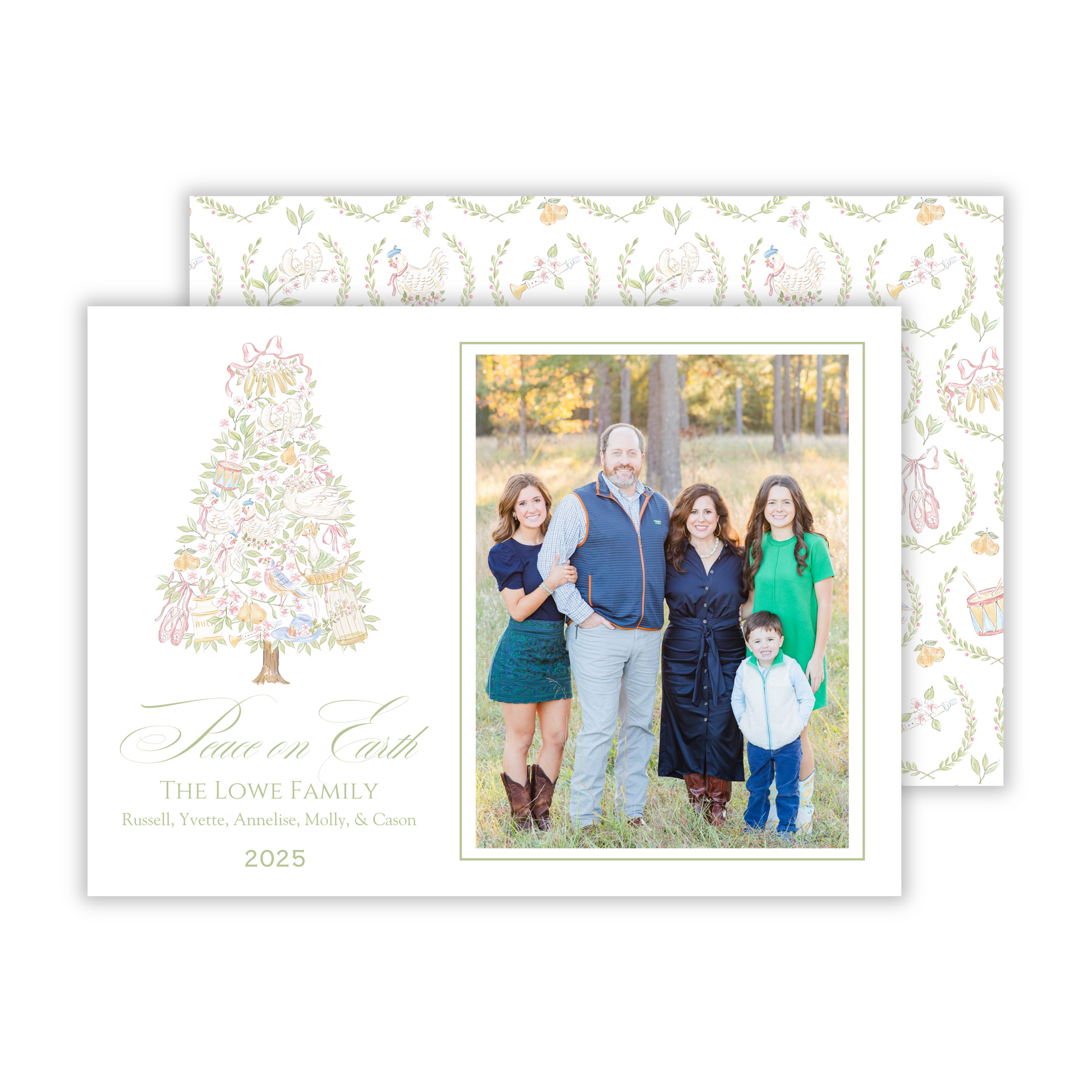 soft elegant photo christmas card with watercolor 12 days of christmas pattern, ShooFly Paper Co. Auburn, Alabama
