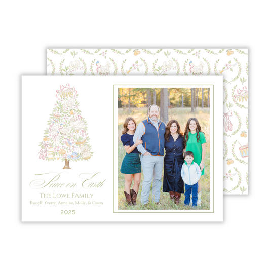 soft elegant photo christmas card with watercolor 12 days of christmas pattern, ShooFly Paper Co. Auburn, Alabama
