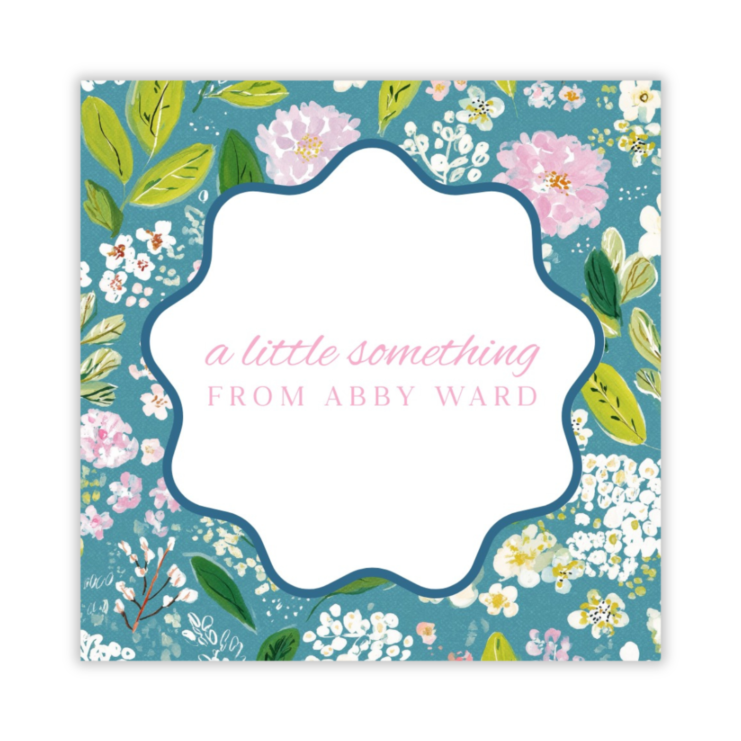 personalized gift tag with blue wildflower background and wavy circle frame, ShooFly Paper Co. Auburn, Alabama