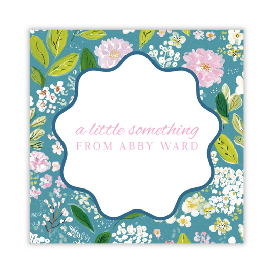 personalized gift tag with blue wildflower background and wavy circle frame, ShooFly Paper Co. Auburn, Alabama