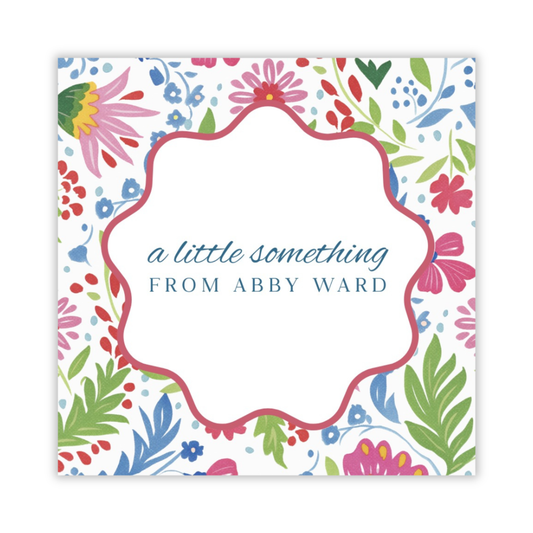 personalized gift tag with pink folk-inspired floral background and wavy circle frame; ShooFly Paper Co. Auburn, Alabama