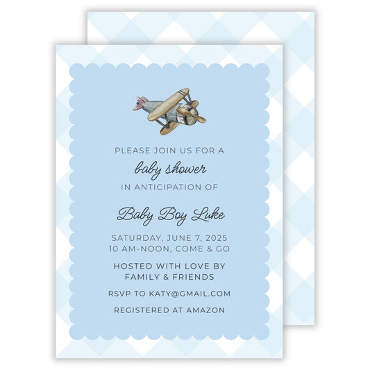 invitation for airplane baby shower, ShooFly Paper Co. Auburn, AL