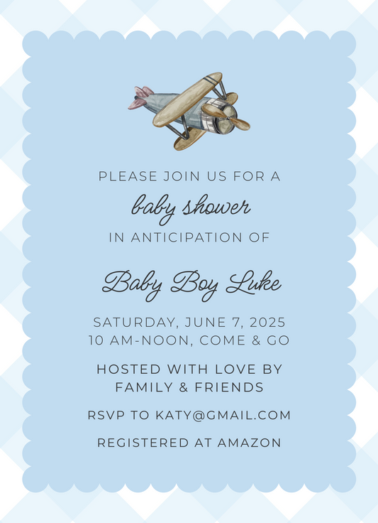 invitation for airplane baby shower, ShooFly Paper Co. Auburn, AL