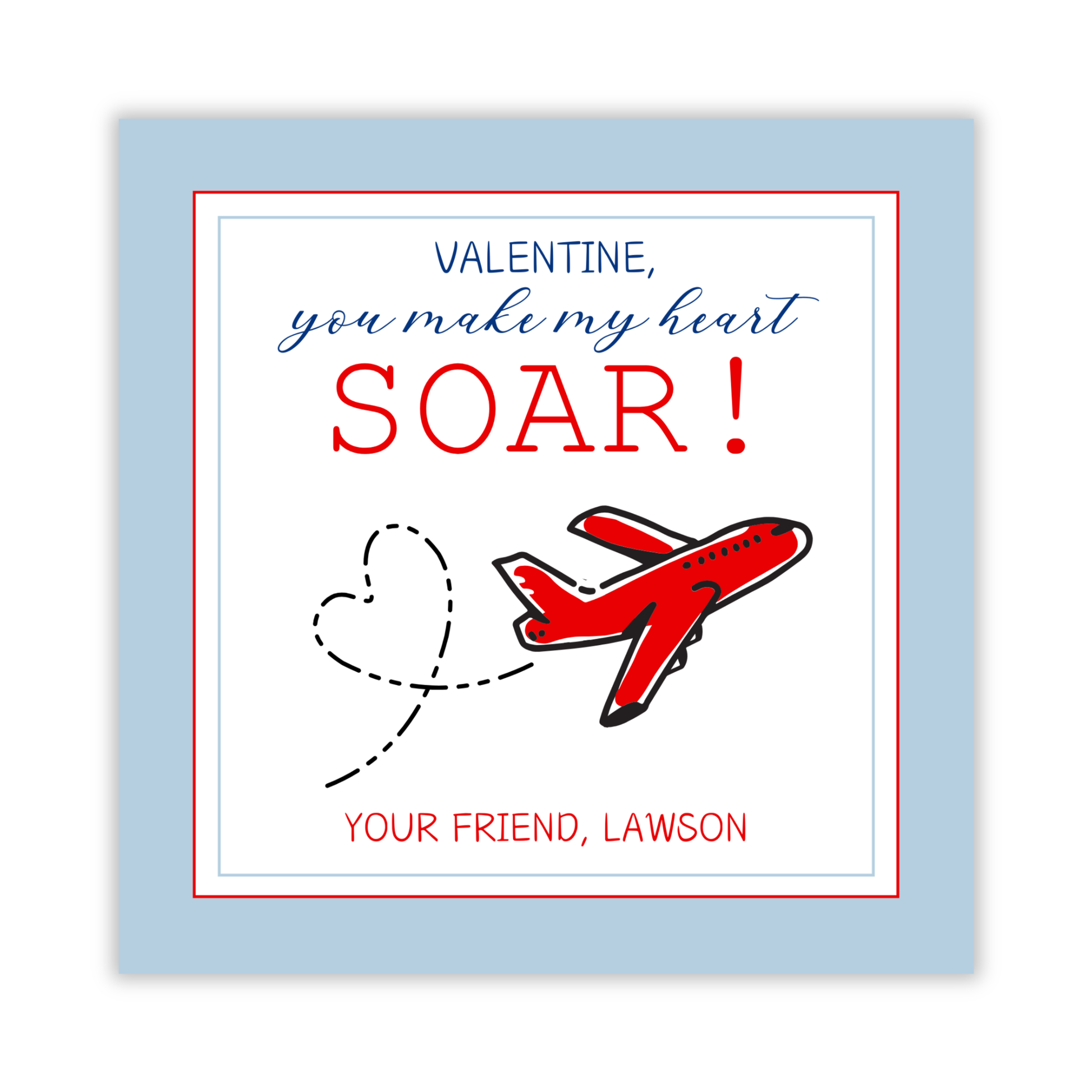 valentines gift tag with airplane and light blue border, you make my heart soar, ShooFly Paper Co. Auburn, Alabama