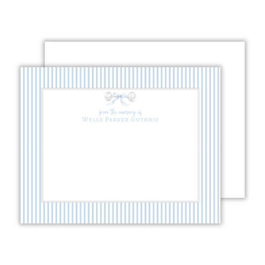 personalized notecard set with antique silver rattle, ShooFly Paper Co. Auburn, Alabama