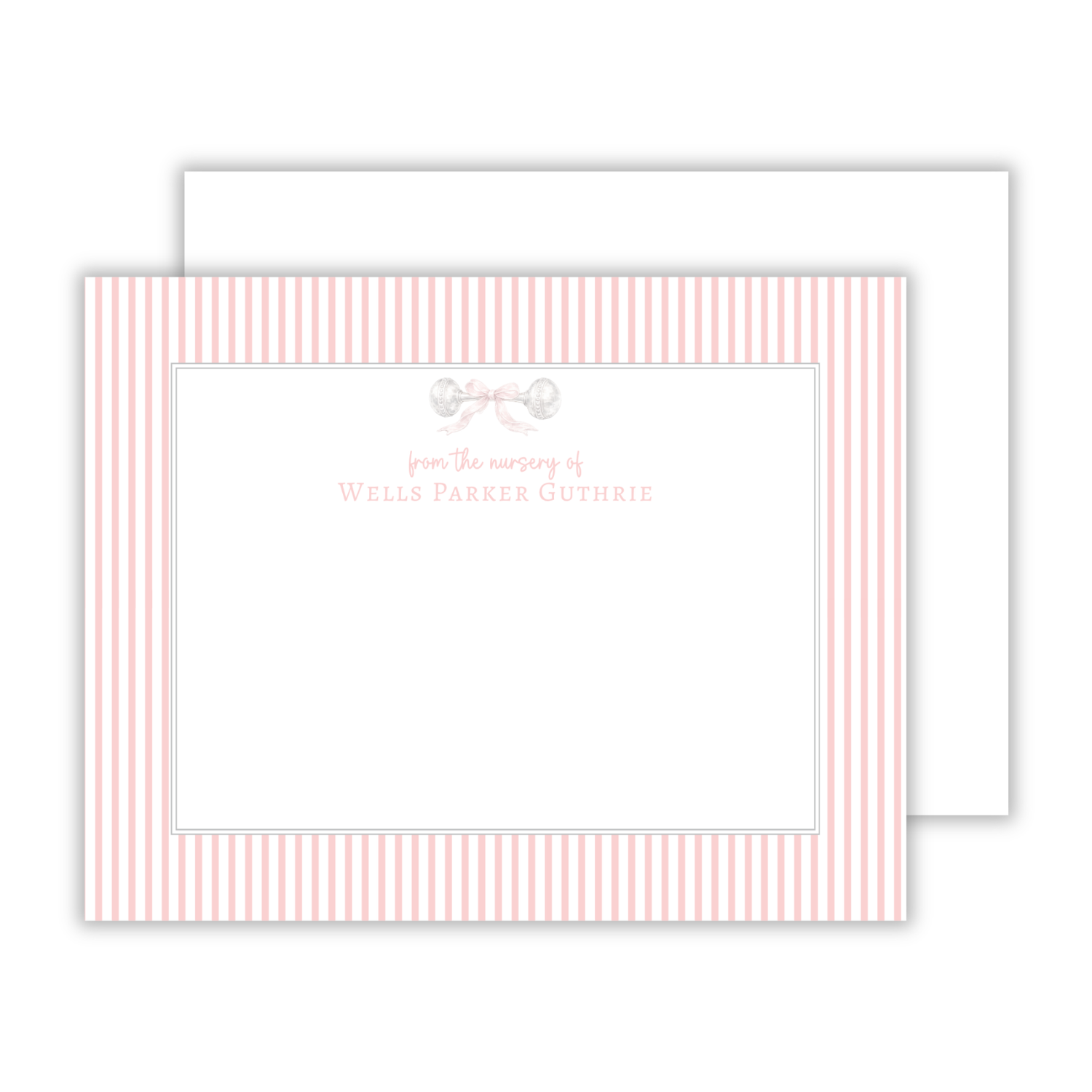 personalized notecard set with antique silver rattle, ShooFly Paper Co. Auburn, Alabama