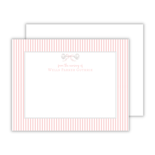personalized notecard set with antique silver rattle, ShooFly Paper Co. Auburn, Alabama