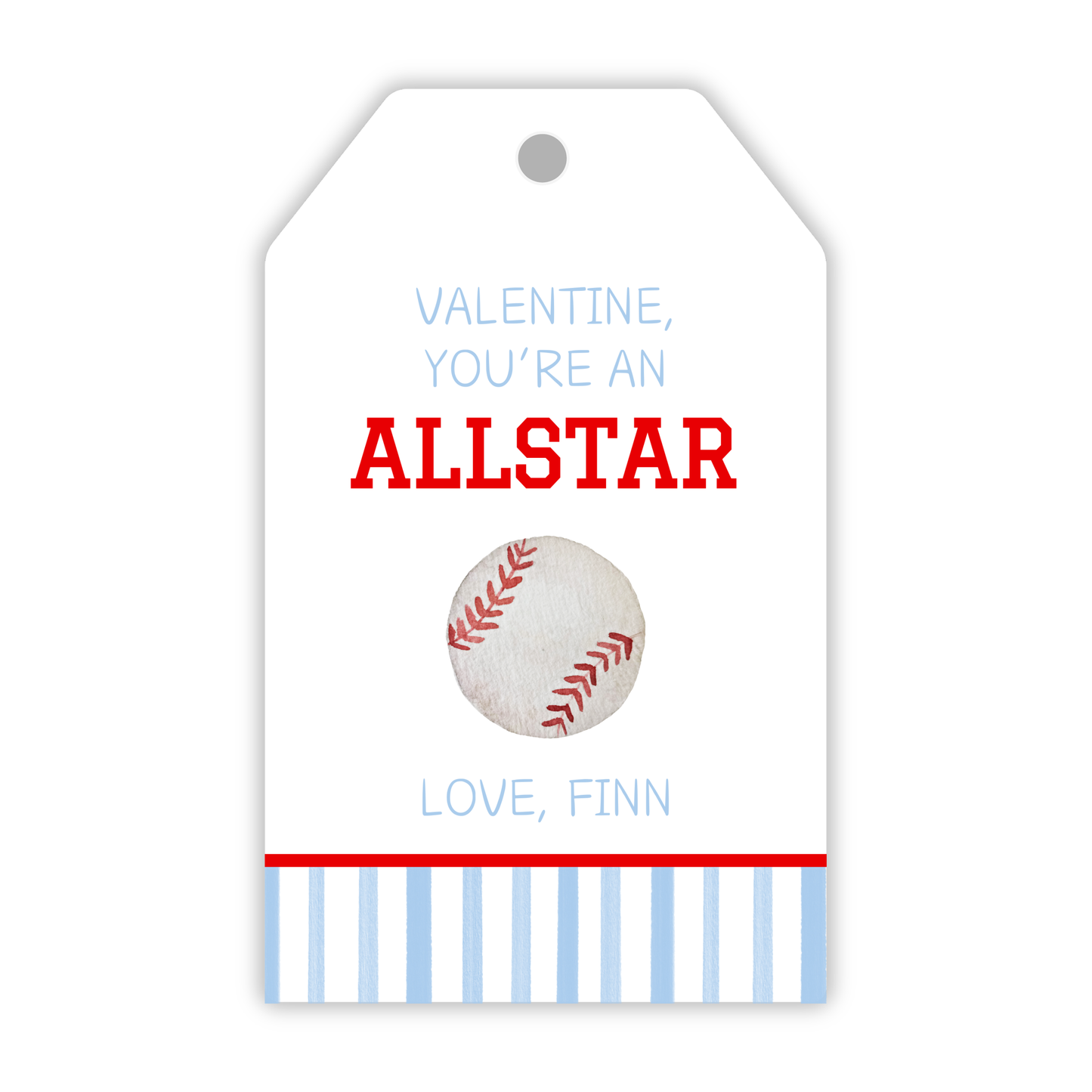valentines gift tag with baseball and striped pattern, valentine you're an all star, ShooFly Paper Co. Auburn, Alabama