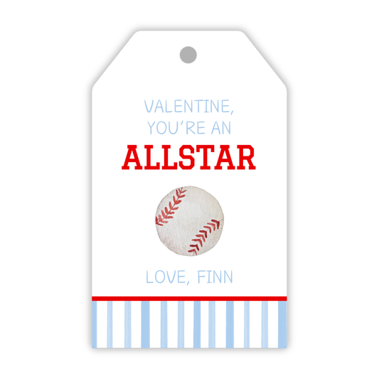 valentines gift tag with baseball and striped pattern, valentine you're an all star, ShooFly Paper Co. Auburn, Alabama