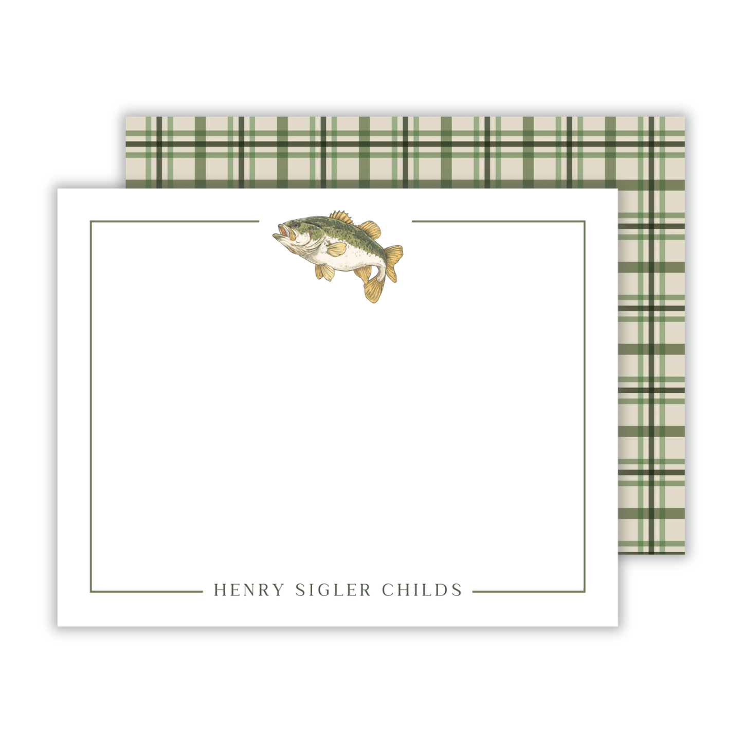 personalized notecard set with drawn bass fish graphic and serif font name, ShooFly Paper Co. Auburn, Alabama