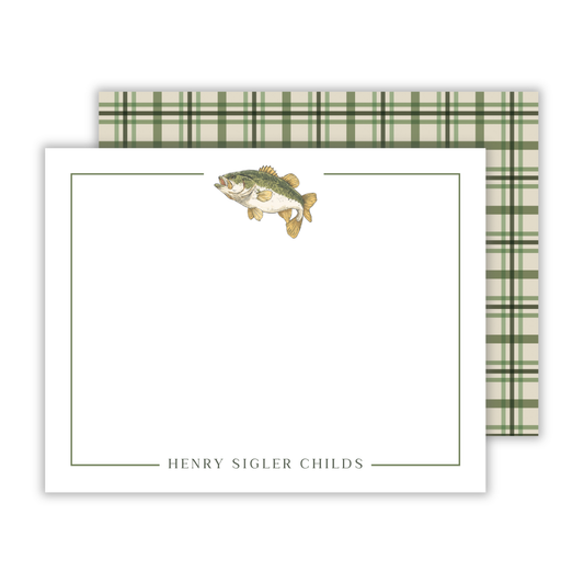 personalized notecard set with drawn bass fish graphic and serif font name, ShooFly Paper Co. Auburn, Alabama