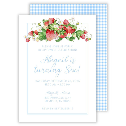 birthday party invitation with strawberries; berry sweet birthday; ShooFly Paper Co. Auburn, Alabama