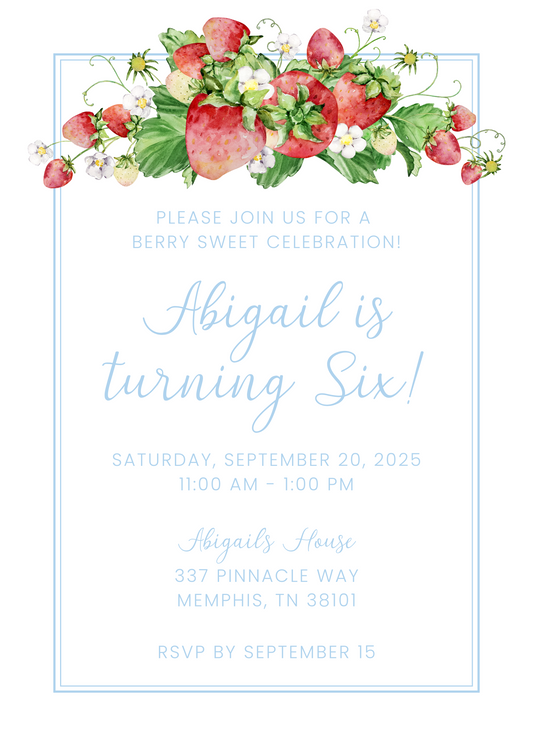 birthday party invitation with strawberries; berry sweet birthday; ShooFly Paper Co. Auburn, Alabama