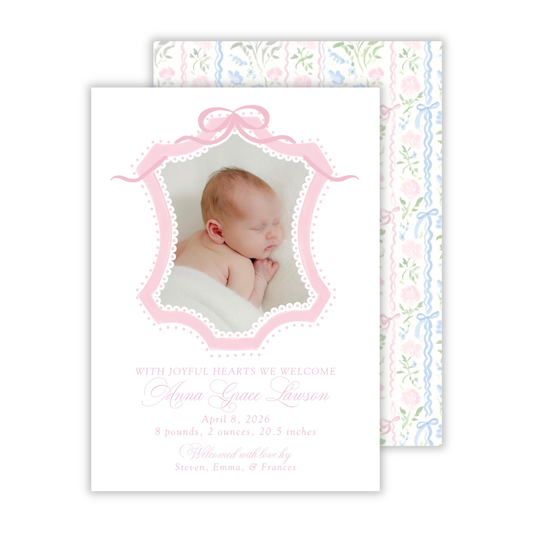 personalized birth announcement with drawn pink crest frame, ShooFly Paper Co. Auburn, Alabama