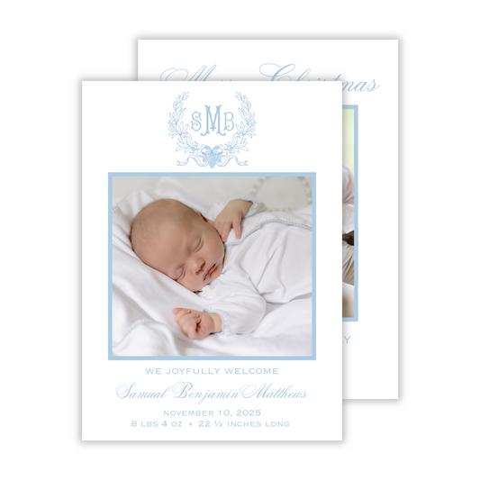 precious birth announcement christmas card in light blue, ShooFly Paper Co. Auburn, Alabama