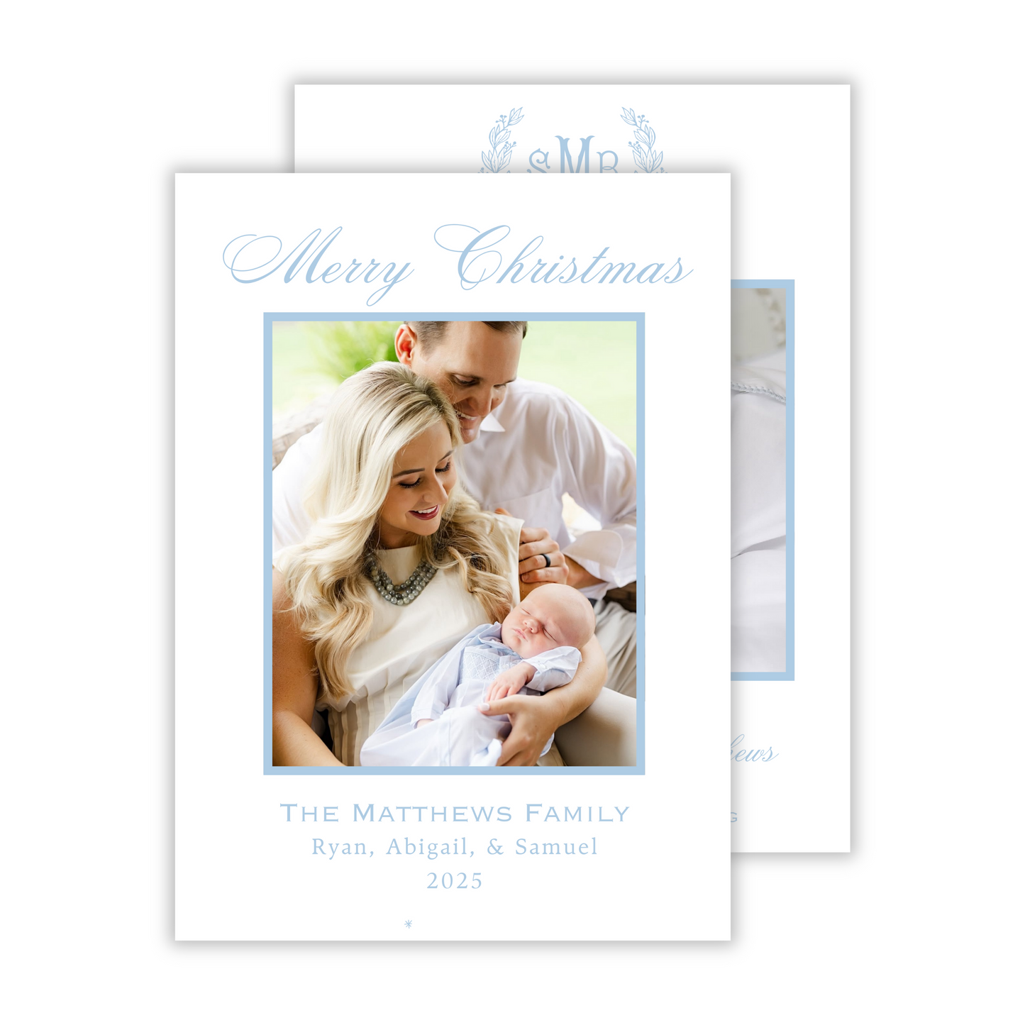 precious birth announcement christmas card in light blue, ShooFly Paper Co. Auburn, Alabama