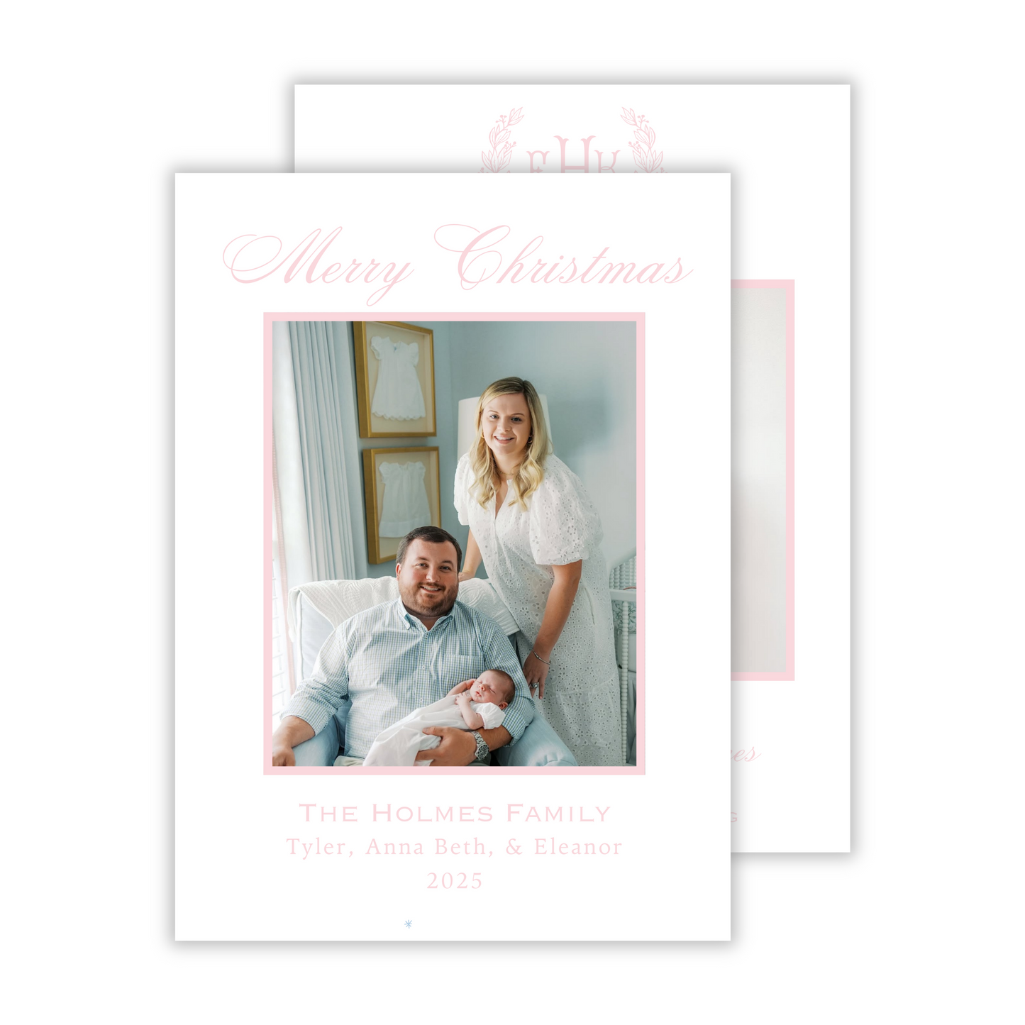 precious birth announcement christmas card in light pink, ShooFly Paper Co. Auburn, Alabama