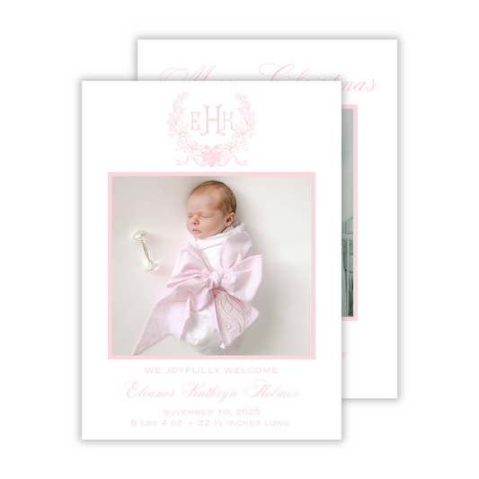 precious birth announcement christmas card in light pink, ShooFly Paper Co. Auburn, Alabama