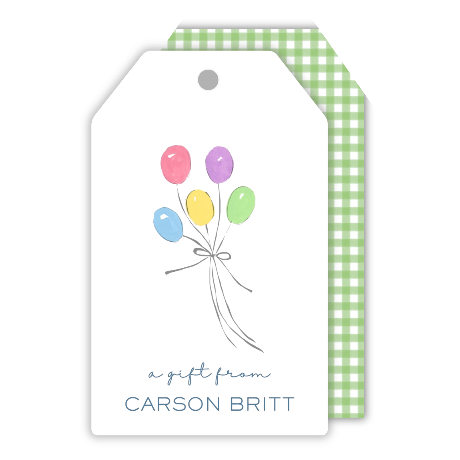 personalized gift tag with drawn balloon bouquet and a green gingham pattern on the back, ShooFly Paper Co. Auburn, Alabama