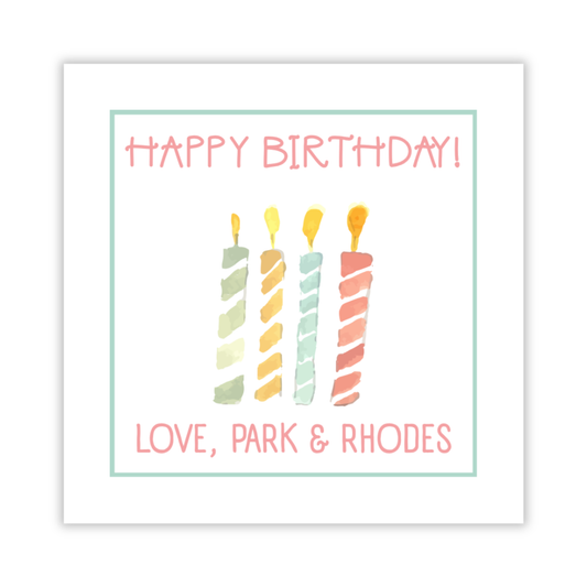 personalized birthday gift tag with watercolor candles, ShooFly Paper Co. Auburn, Alabama