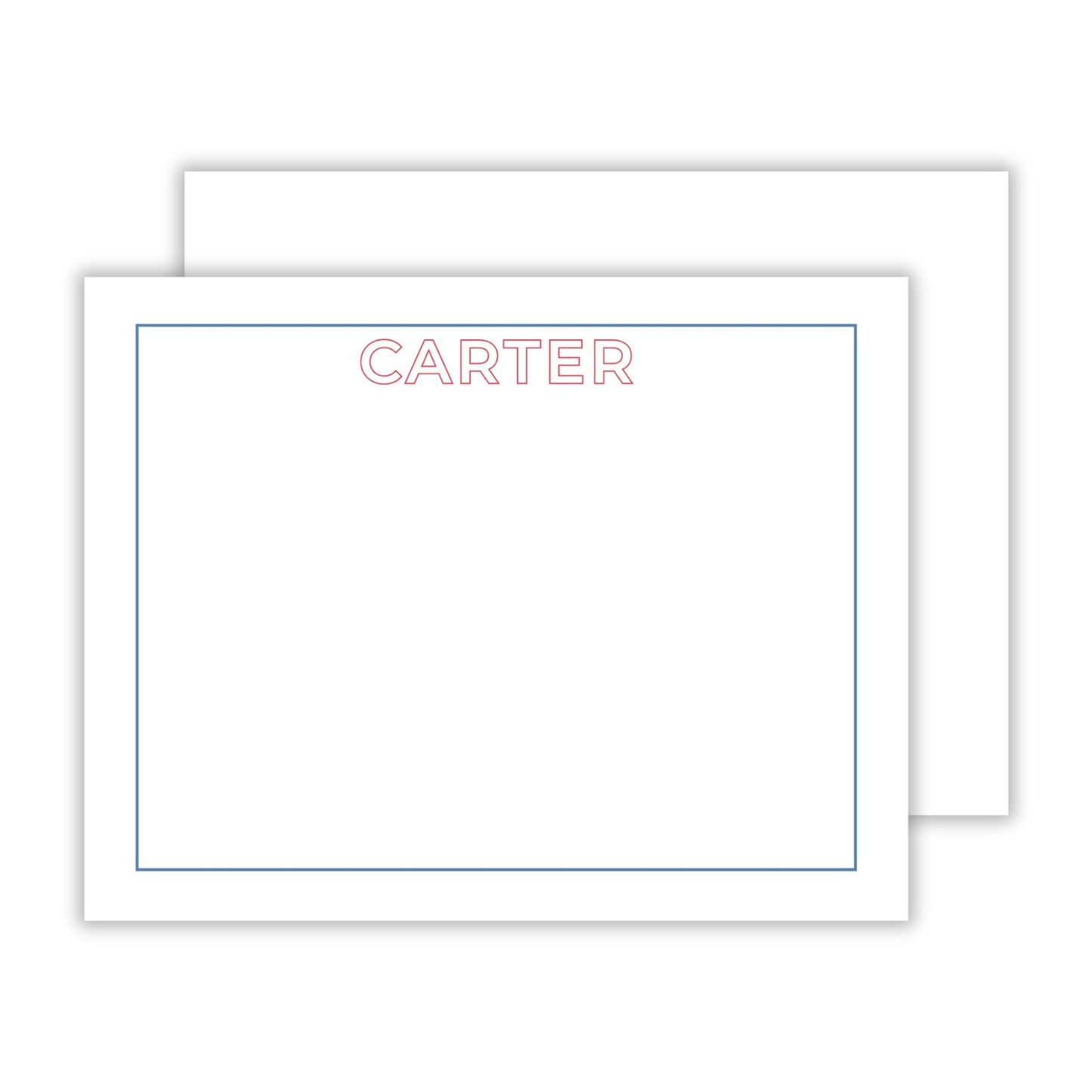 personalized stationery set with a blue border and the name spelled with outlined red letters, ShooFly Paper Co. Auburn, Alabama