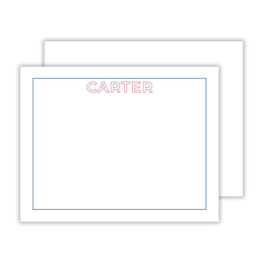 personalized stationery set with a blue border and the name spelled with outlined red letters, ShooFly Paper Co. Auburn, Alabama