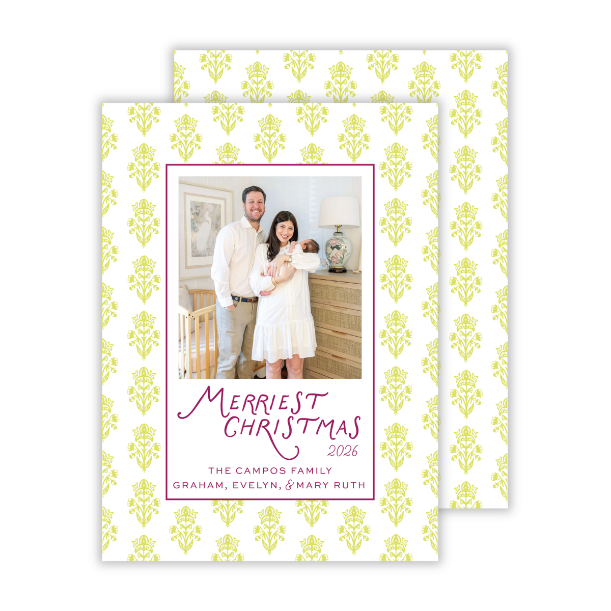personalized Christmas card with chartreuse block print pattern, ShooFly Paper Co. Auburn, Alabama