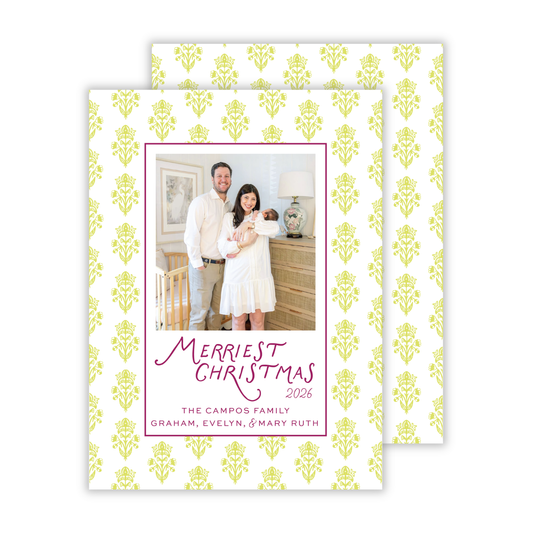 personalized Christmas card with chartreuse block print pattern, ShooFly Paper Co. Auburn, Alabama