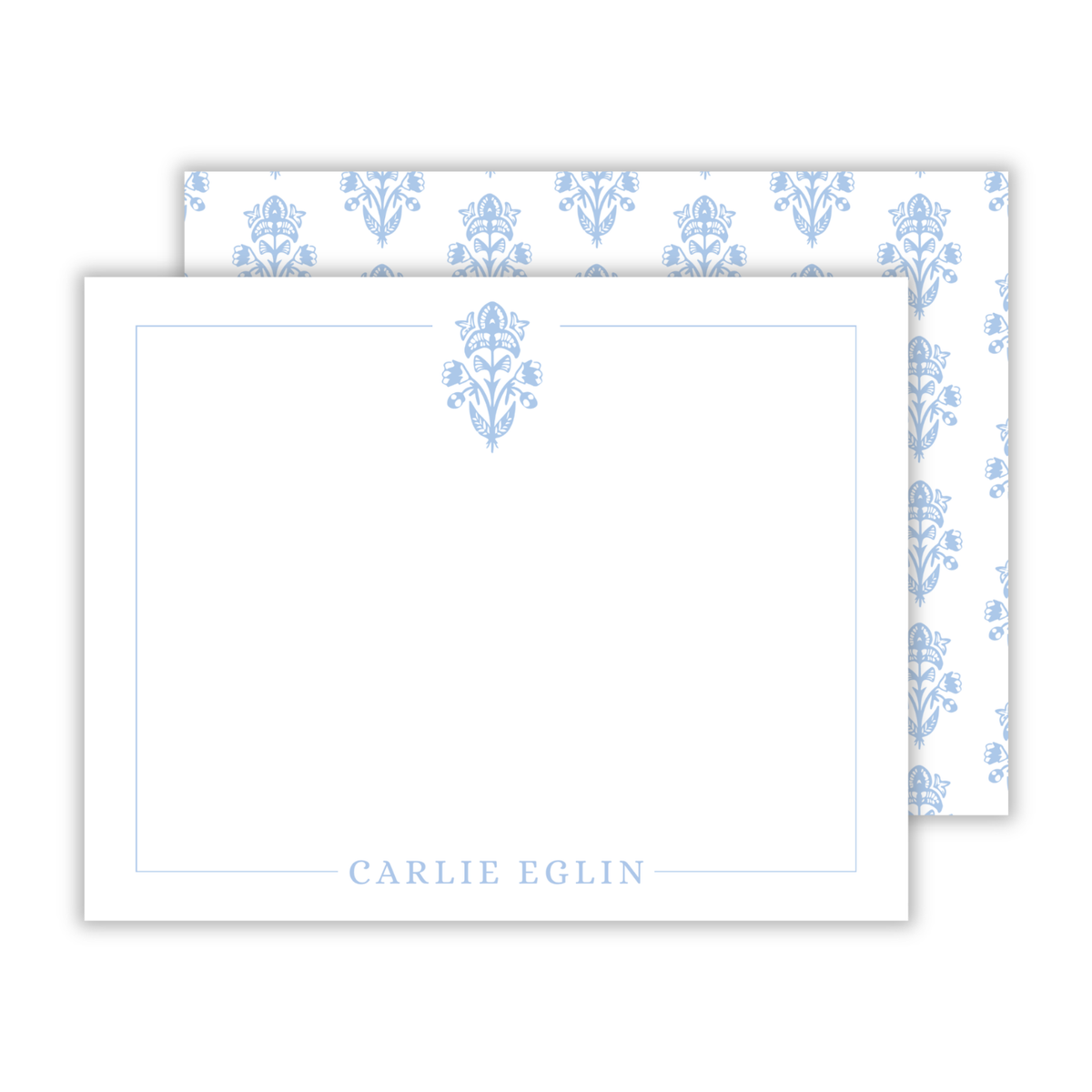 personalized notecard set with blue block print pattern, ShooFly Paper Co. Auburn, Alabama
