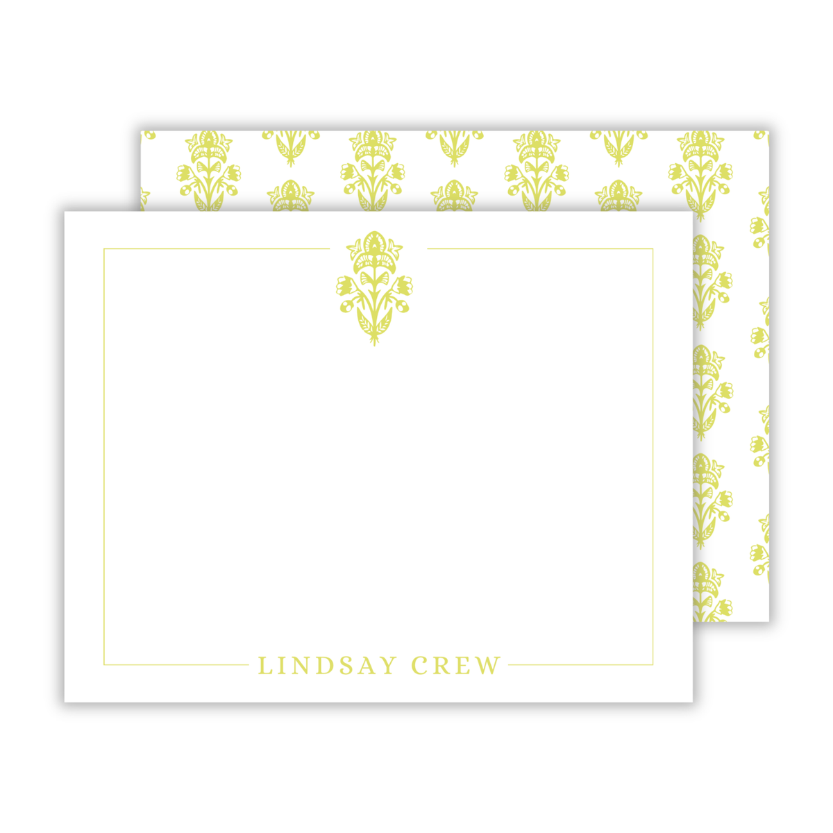 personalized notecard set with chartreuse block print pattern, ShooFly Paper Co. Auburn, Alabama