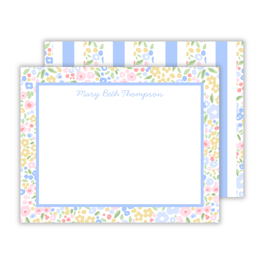 personalize stationery set with blotted floral border and handwriting script font name on the front and an alternating floral and blue stripe pattern on the back, ShooFly Paper Co. Auburn, Alabama