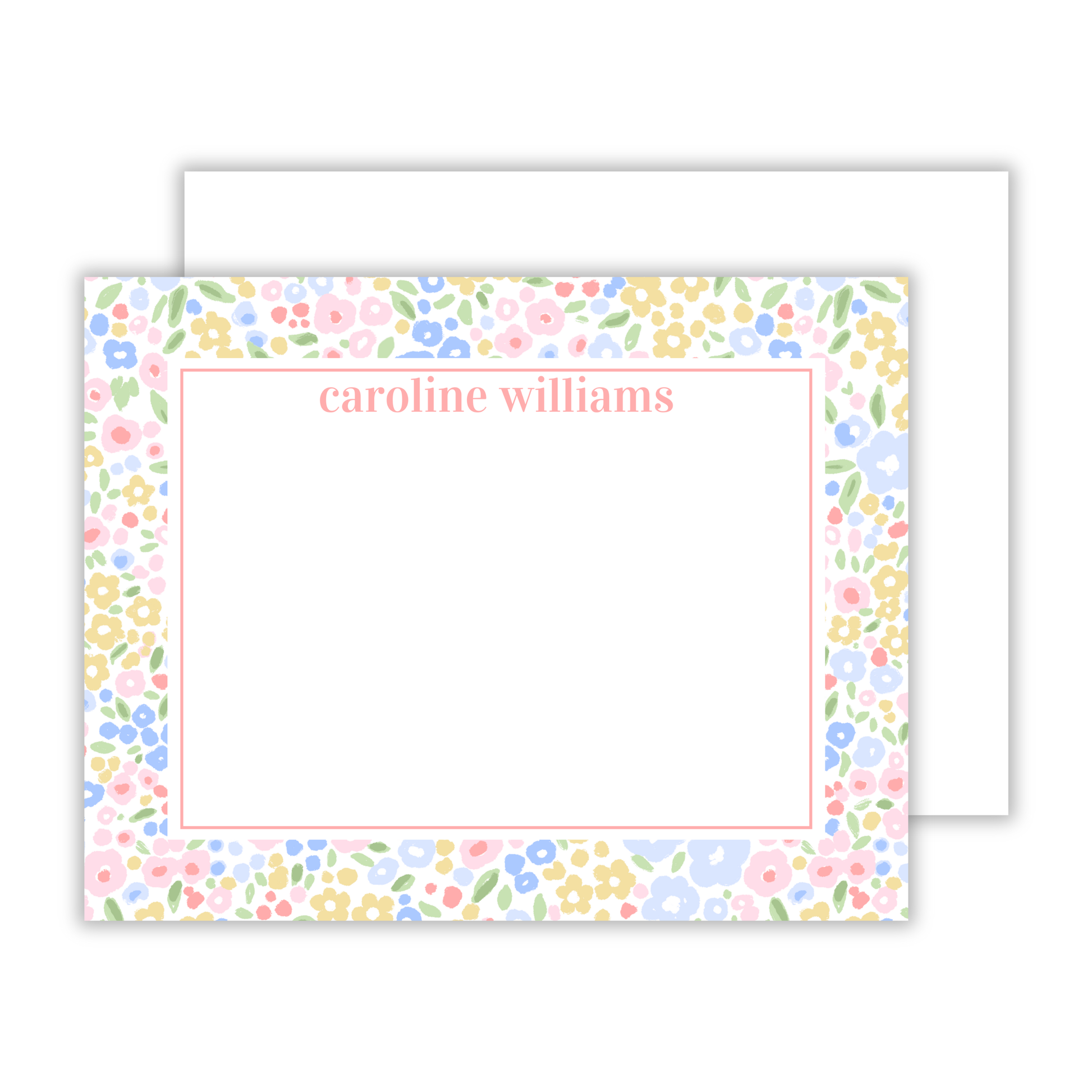 personalized notecard set with blotted floral border, ShooFly Paper Co. Auburn, Alabama