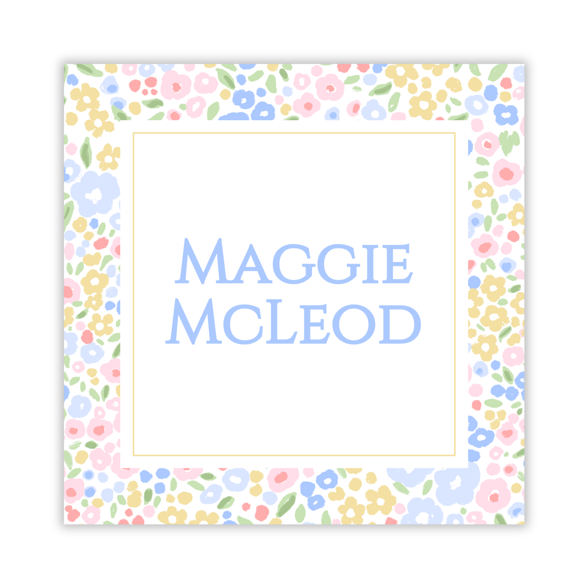 square gift tag with personalization and blotted flower border, ShooFly Paper Co. Auburn, Alabama