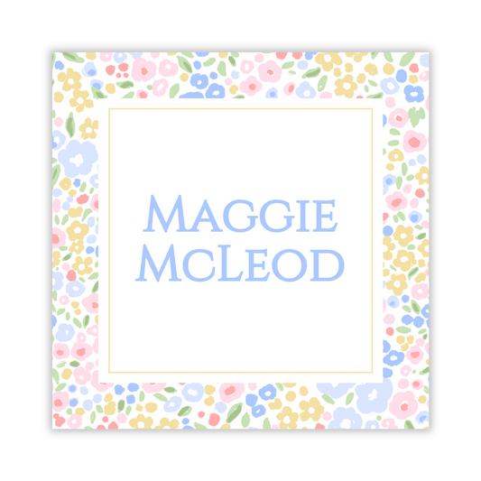square gift tag with personalization and blotted flower border, ShooFly Paper Co. Auburn, Alabama