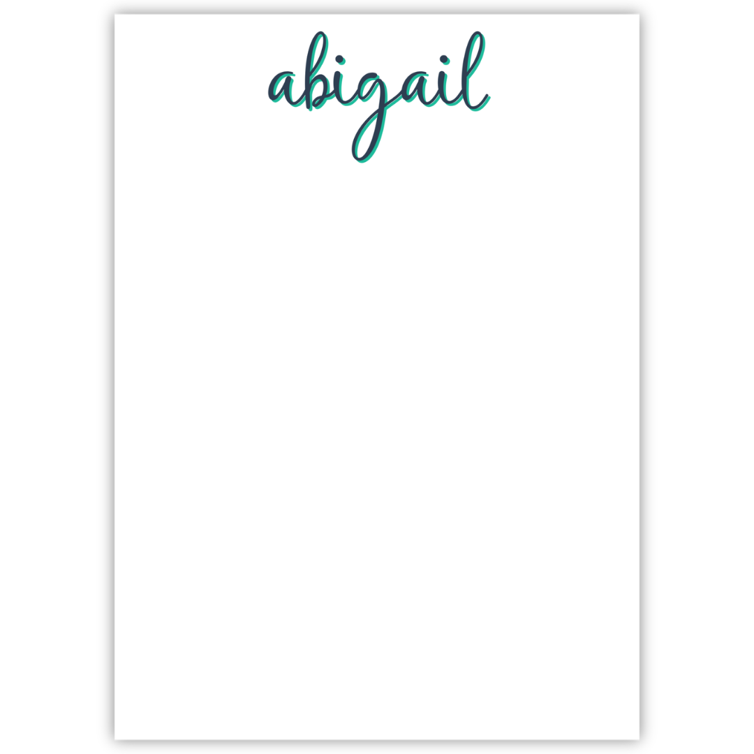 personalized notepad with two-tone loopy font, ShooFly Paper Co. Auburn, Alabama
