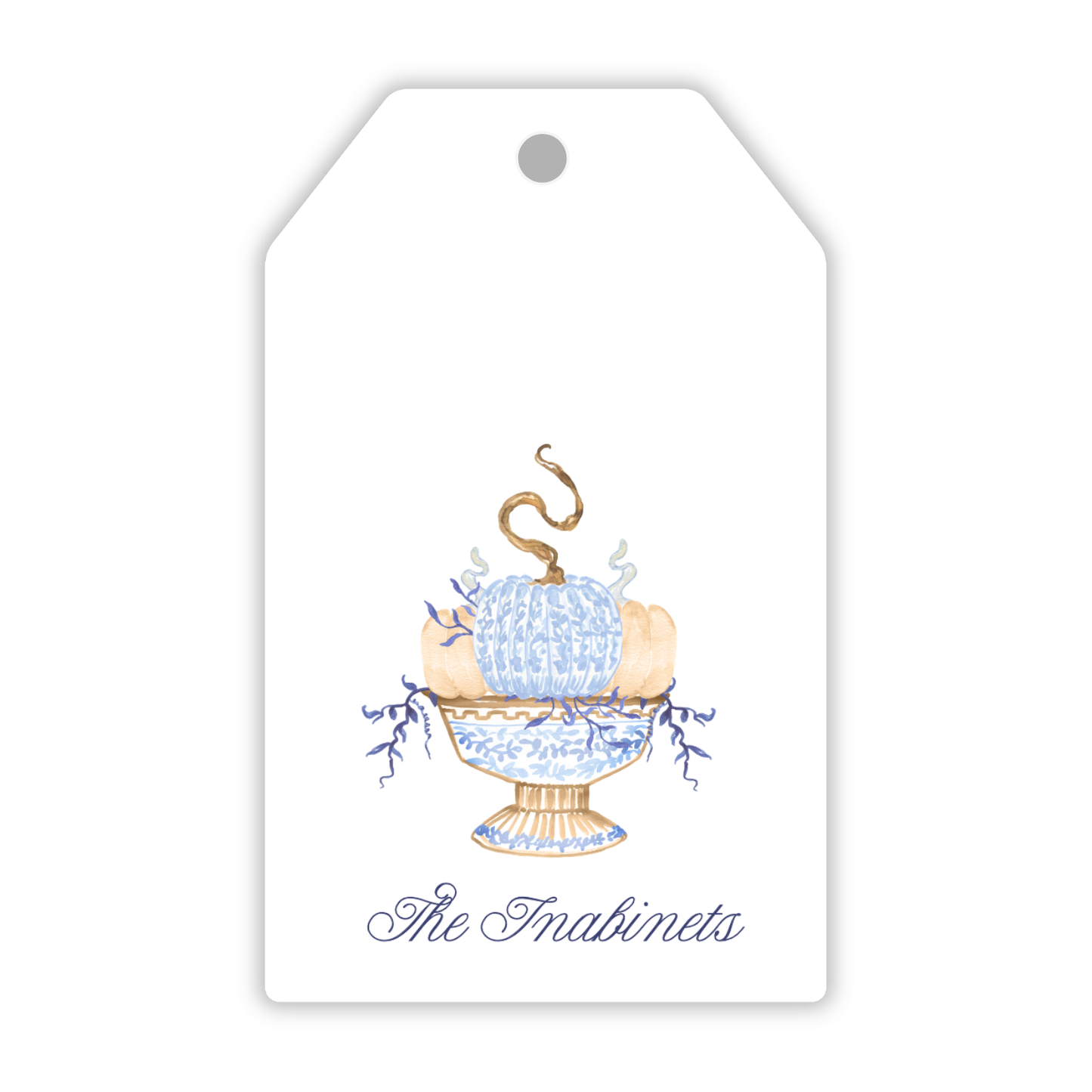 personalized fall themed gift tag with blue and white chinoiserie stacked pumpkins, ShooFly Paper Co. Auburn, Alabama