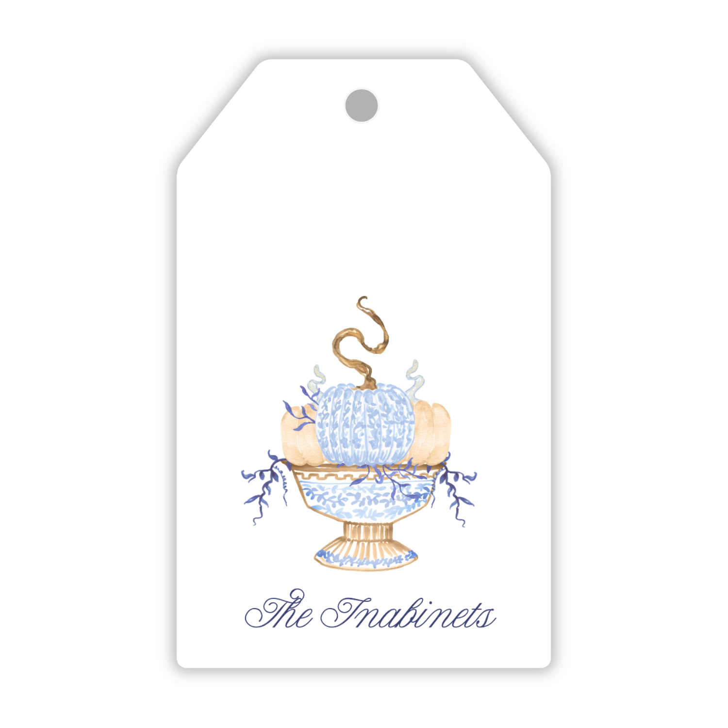 personalized fall themed gift tag with blue and white chinoiserie stacked pumpkins, ShooFly Paper Co. Auburn, Alabama