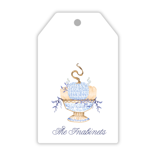 personalized fall themed gift tag with blue and white chinoiserie stacked pumpkins, ShooFly Paper Co. Auburn, Alabama