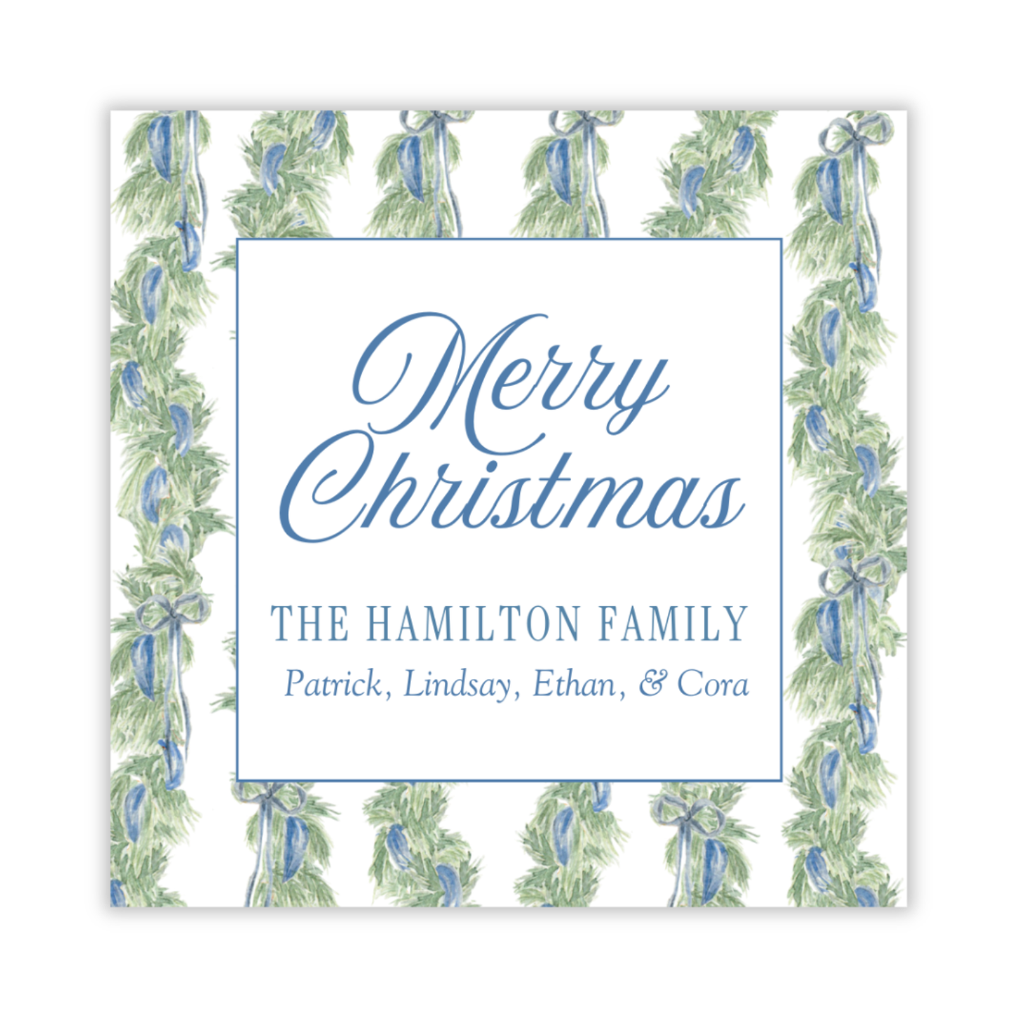 personalized Christmas gift tag with watercolor garland wrapped with blue ribbon, ShooFly Paper Co. Auburn, Alabama