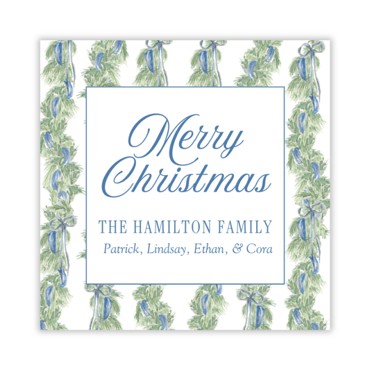 personalized Christmas gift tag with watercolor garland wrapped with blue ribbon, ShooFly Paper Co. Auburn, Alabama