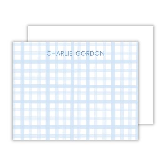 personalized notecard set with blue gingham background and simple block font name, ShooFly Paper Co. Auburn, Alabama