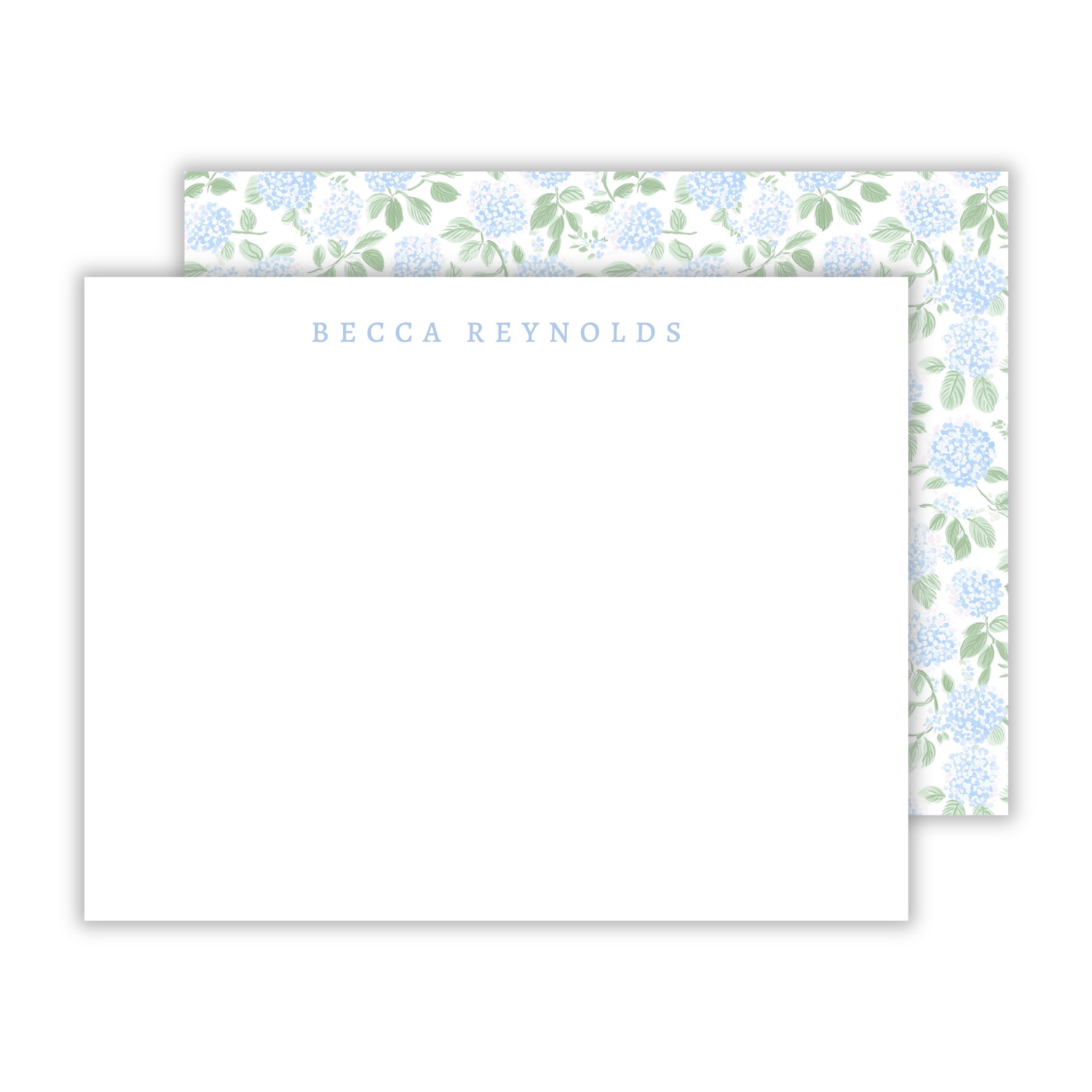 personalized stationery set with simple serif name on the front and blue hydrangea pattern on the back, ShooFly Paper Co. Auburn, Alabama